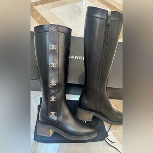 CHANEL Black Leather Turn Lock Boots with Silver CC’s; Size 36; Brand New in Box
